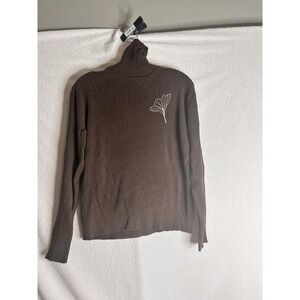 Millie & Lou Brown Ribbed Turtleneck Sweater Ginkgo Leaf Embroidery Small